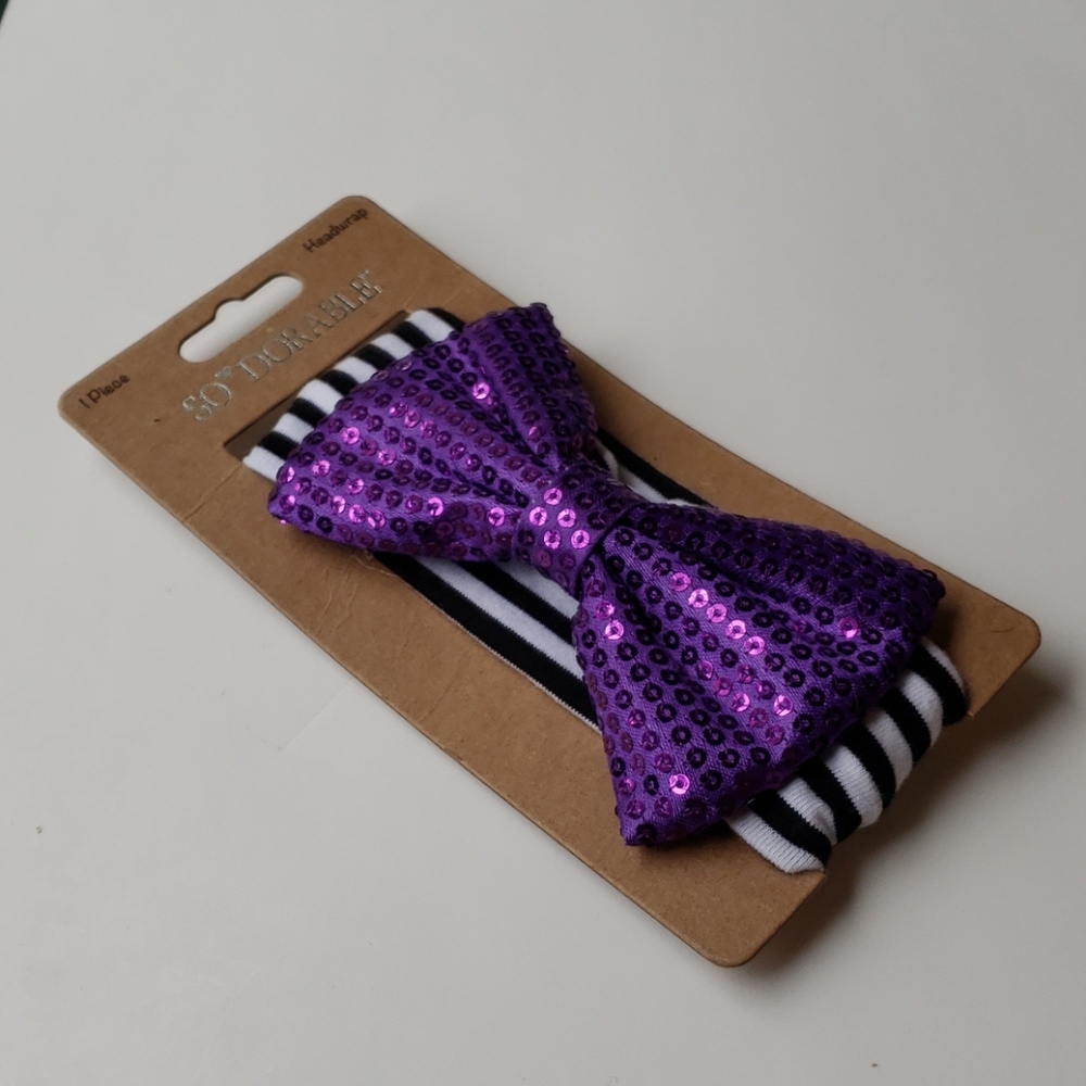 🔥 NWT Purple Sequin Bow on Black & White Headwrap